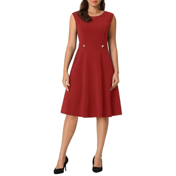 Vestidos sin mangas elegantes para mujer Inspire Chic, vestido de oficina de corte A con cuello redondo, M rojo