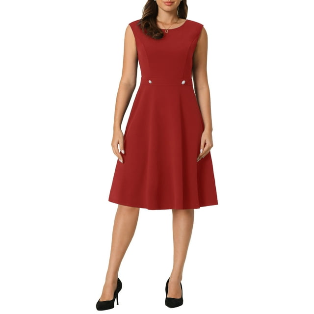 Vestidos sin mangas elegantes para mujer Inspire Chic, vestido de oficina de corte A con cuello redondo, M rojo