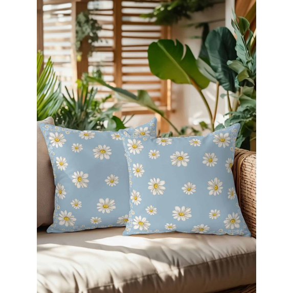 Outdoor Pillows Waterproof, Blue Spring Floral Bedding Throw Pillows with Insert for Couch Sofa Bed, Daisy Flowers Elegant Farmhouse Art 16x16 Inch Pillowcases Decorative Patio Pillow Set of 2