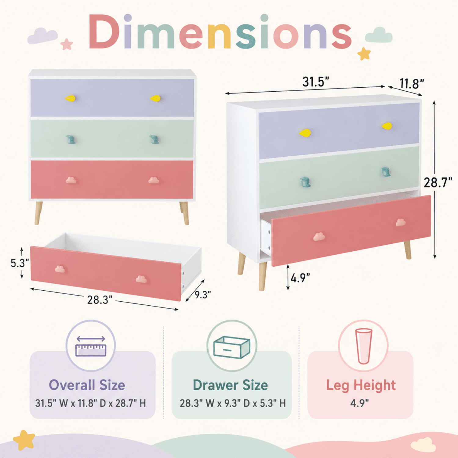 Miniyam Drawer Dresser with Glides & Safety Design for Kids, Colorful