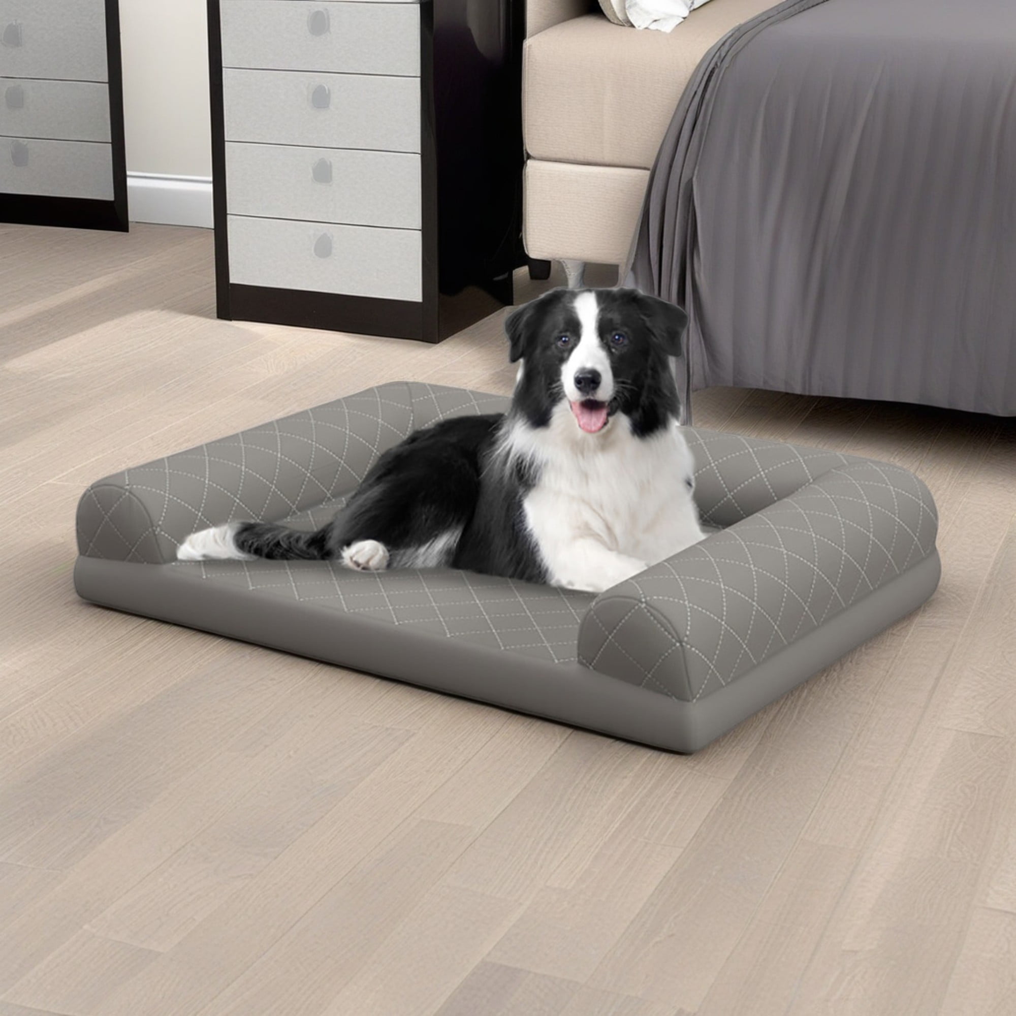 resenkos 36" Egg-Foam Dog Bed with 3-Side Bolster, Pet Sofa Bed for Small Medium Dogs, Removable Washable Bed Cover Dog Crate Bed, Gray