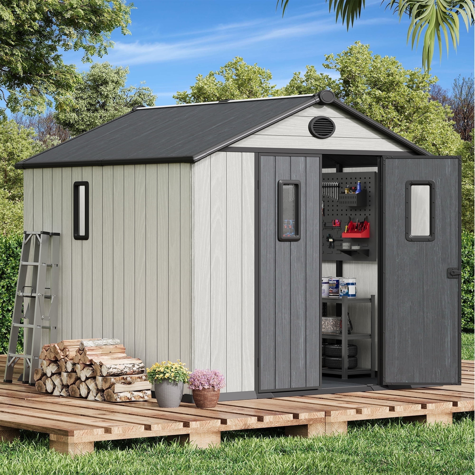 Bezseller 8*8 Outdoor Storage Tool Shed with Door and Floor, Plastic Outdoor Storage Shed with Steel Frame, Off-white