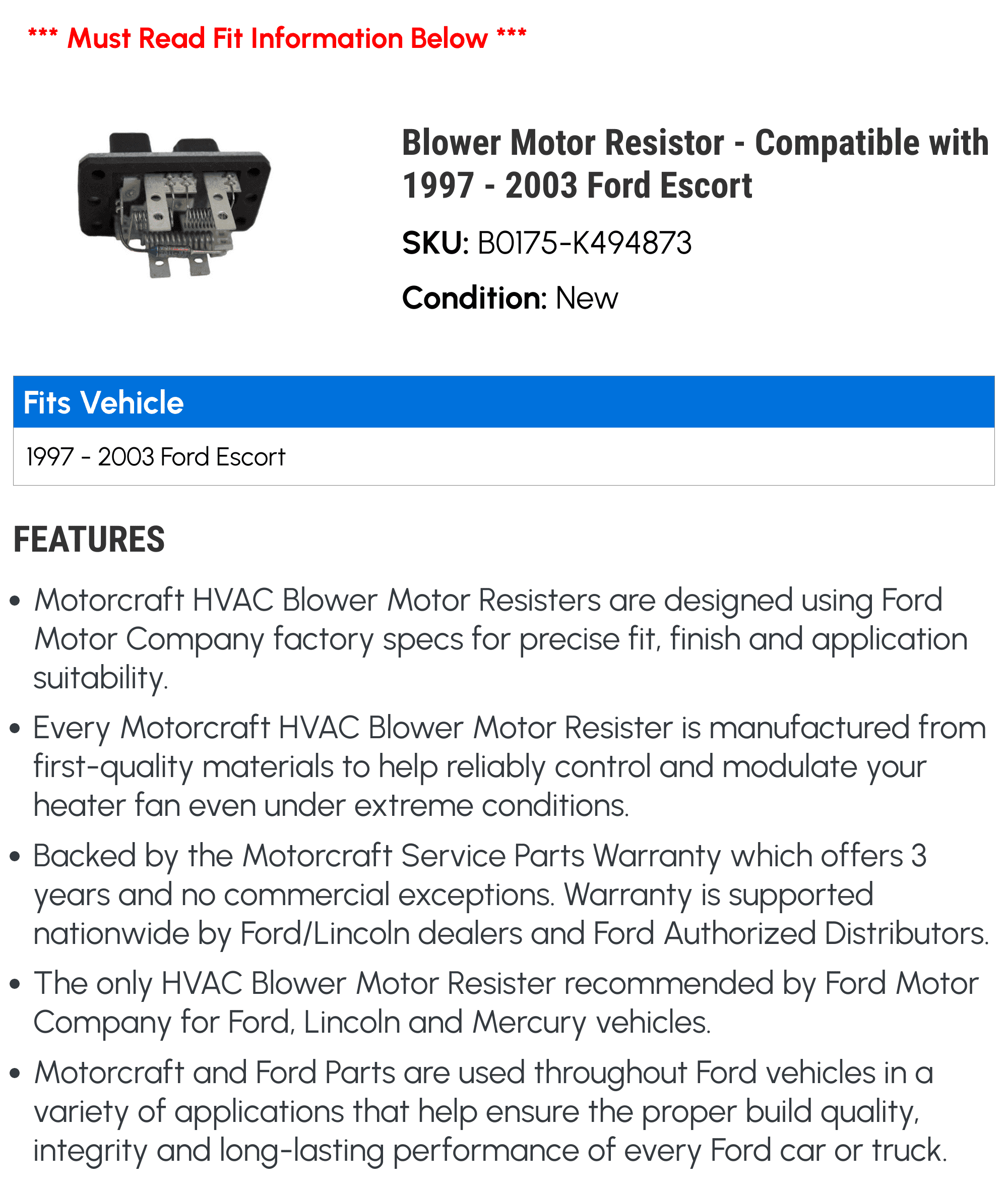 Blower Motor Resistor - Compatible with 1997 - 2003 Ford Escort 1998 1999 2000 2001 2002