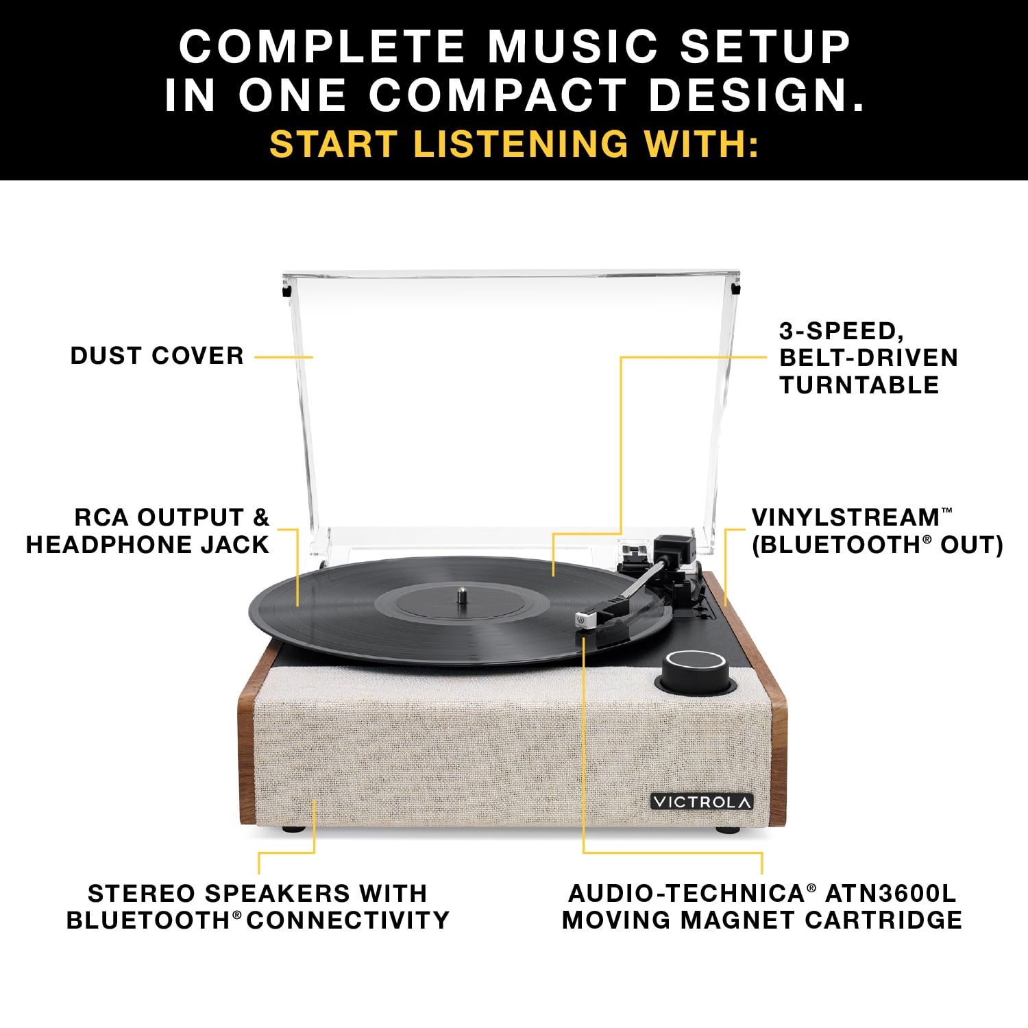 Victrola Eastwood II Bluetooth Record Player with 3 speed Turntable