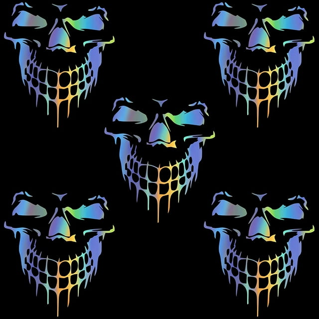 GFDYREE 5Pcs 3D Laser Skull Car Stickers Decals, Reflective Multicolored Cartoon Waterproof Self-Adhesive Vinyl Auto Exterior Decoration Accessories for Vehicle Hood, Doors, Bumper, Windows