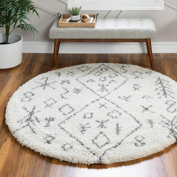 Unique Loom Rabat Shag Collection Area Rug - Tribal (8' Round Pure Ivory/Gray)