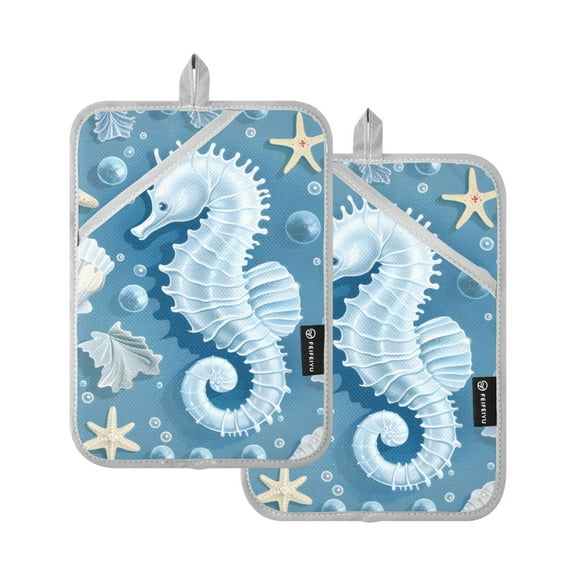 Seahorse Shell Starfish Oven Mitts 2 Pcs Pot Holders Sets Heat Resistant for Kitchen Cooking Baking 7"x9.8"