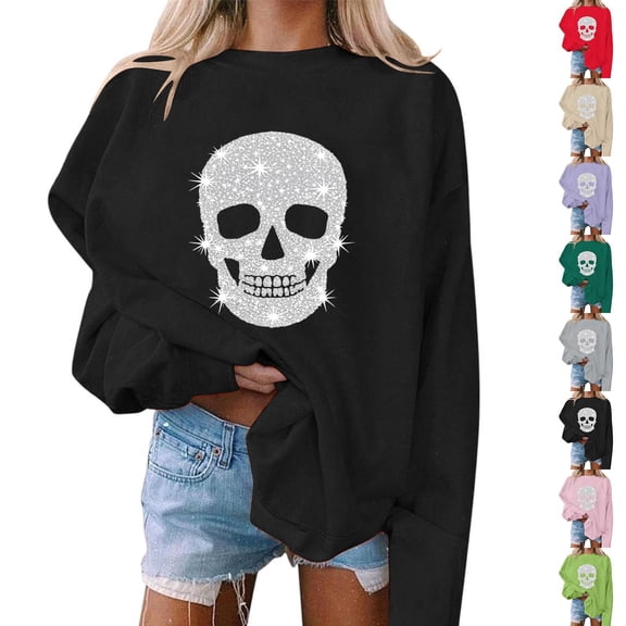 Oversized Womens Halloween Sweatshirt Skull Graphic Crew Neck Pullover Long Sleeve Loose Fit Casual Fall Winter Tops Ribbed Cuffs and Hem Cozy Streetwear Graphic Sweatshirt