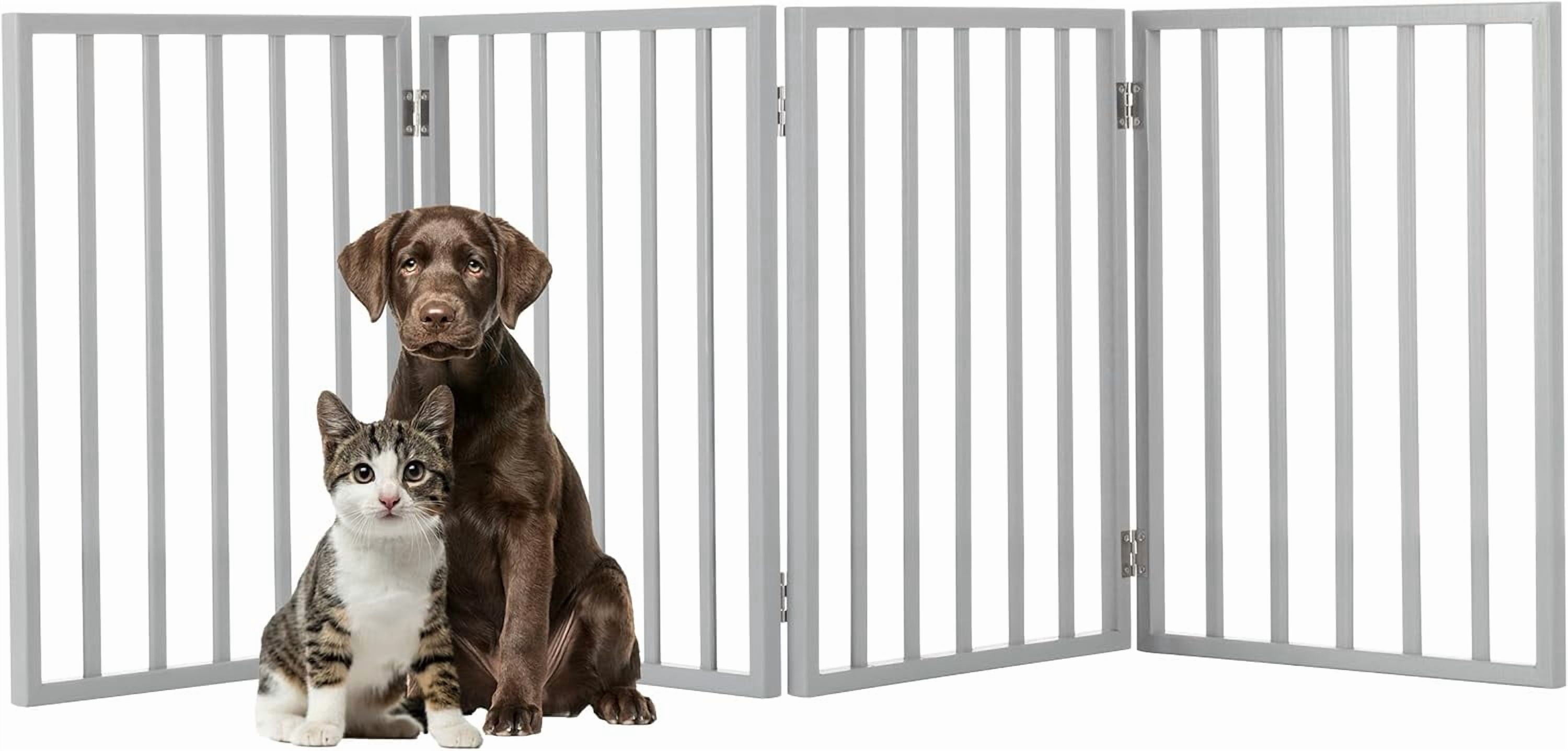 Foldable Indoor Dog Gate with 4 Panels for Stairs, Hallways, or Doorways - 72x24-Inch Retractable Wood Freestanding Pet Barrier (Gray)