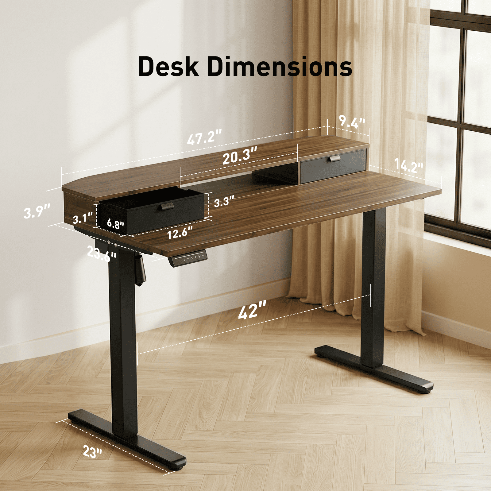 CHITOOMA Office Desk with Storage, 48″ x 24″ Electric Height Adjustable Sit Stand Standing Desk with Drawers Shelf, Walnut