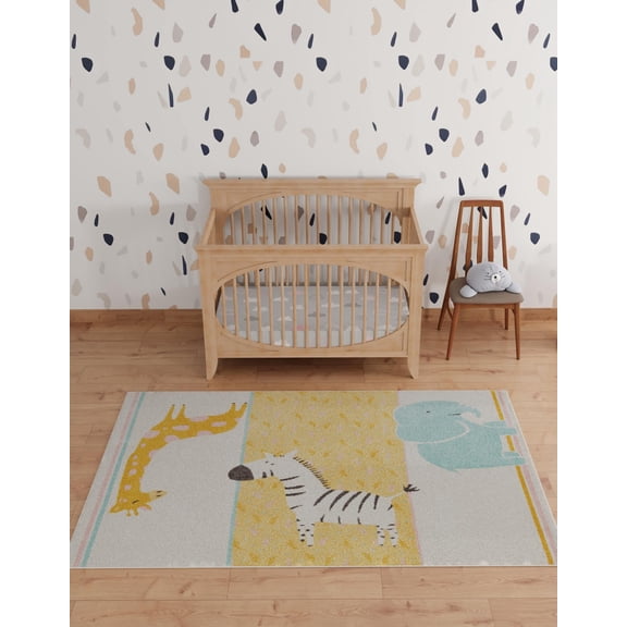 Unique Loom Whimsy Kids Collection Area Rug - Wildlife (5' 3" x 8' Rectangle Ivory/Light Blue)