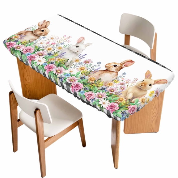 Easter Bunny Table Cloths for 5 Foot Rectangle Tables, Spring Daisy Flowers Rabbits Buffalo Plaid Patio Waterproof Elastic Fitted Tablecloths, Washable Rectangular Table Cover for Camping