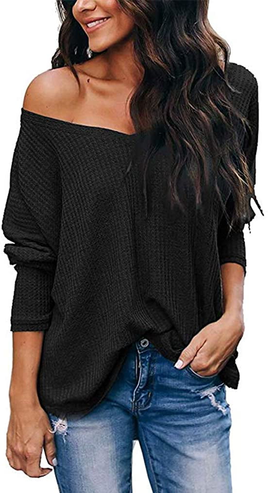 iGENJUN Womens Long Sleeve Waffle Knit Top Off Shoulder Oversized Pullover Sweater Tops 