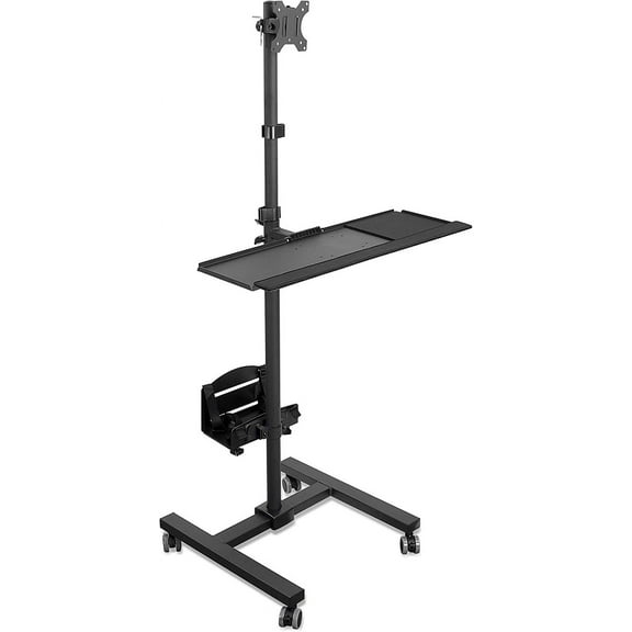 Rolling Computer Cart with Monitor Mount 32" Screen, Full Keyboard Tray, Floating Adjustable CPU Holder, Stand with Caster Wheels, Easy Roll, Steel Frame Mobile Standing Workstation 70" Tall