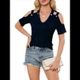 thumbnail image 1 of Blusa de Punto con Hombros Descubiertos y Cruzados para Mujer, Informal, Elegante, con Textura, para Verano Azul Marino XXL, 1 of 10