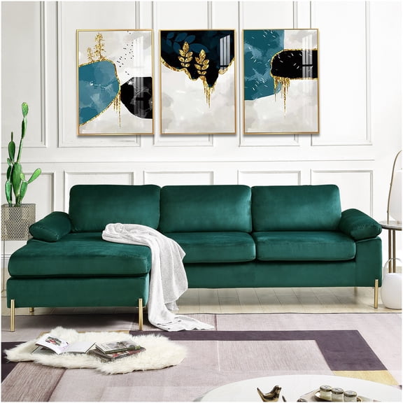 Mid-Century Modern Green Velvet Sectional Sofa with Chaise and Pillow Arms