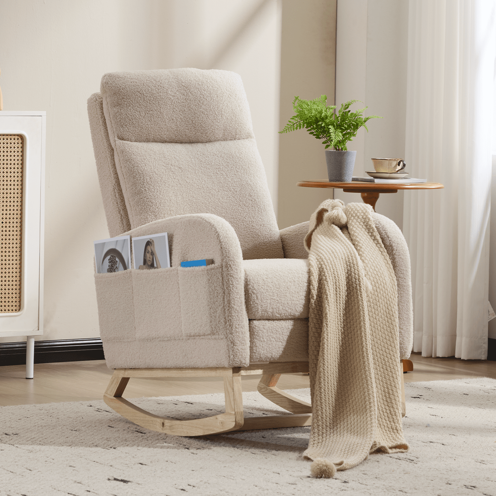 Teddy Rocking Glider Chair for Nursery - Beige Upholstered Maternity Rocker with High Back & Side Pocket - 35.4"L x 25.98"W - 300lbs Capacity