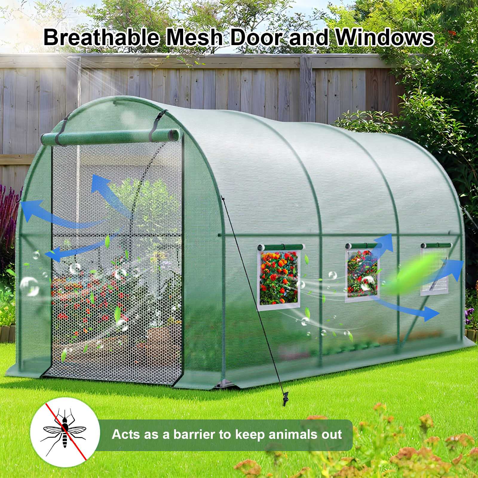 TANGJEAMER Greenhouse with Watering System, Large Walk-in Greenhouse Reinforced Metal Frame, 6 Screen Windows and 1 Door, Green House Irrigation Watering Kit for Garden Plants Flowers 11.5x6.5x6.5FT