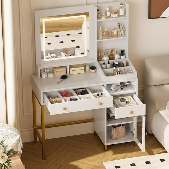 Vanity Desk with Lighted Mirror, Large Makeup Dressing Table Whit Power Outlet 2 Drawers 1 Cabinet and Open Storage Shelves for Bedroom Women Girls