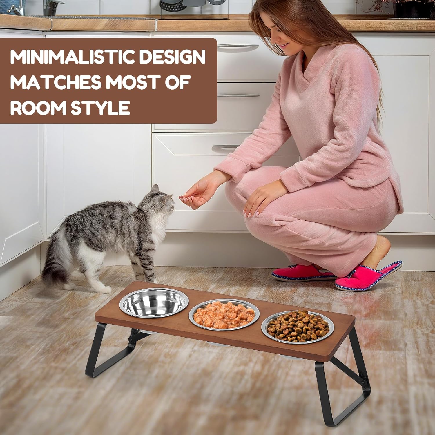 Flantor Elevated Cat Feeding Bowl Set with 10° Tilt, 3 Stainless Steel Bowls, Wood Frame and Foldable Metal Stand