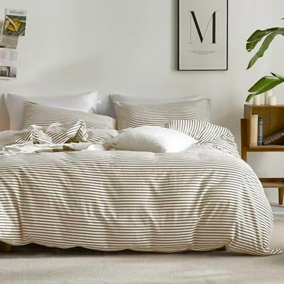 100% Natural Cotton 3pcs Striped Duvet Cover Sets,White Duvet Cover with Khaki Stripes Pattern Printed Comforter Cover,with Zipper Closure & Corner Ties(Queen Size)