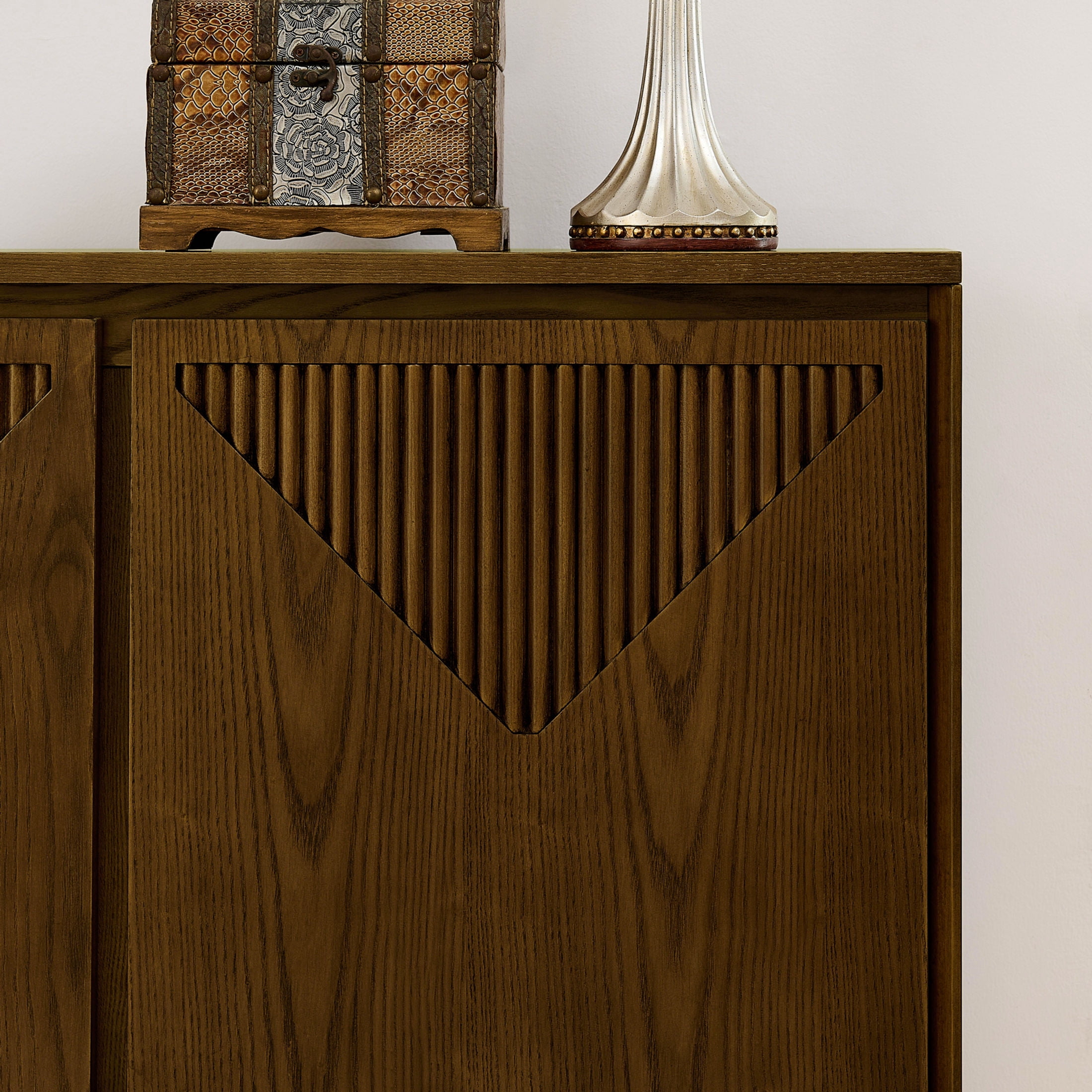 GDF Studio 39" Mid Century Modern V-Shaped Fluted Sideboard Cabinet with Outlet Holes, Brown