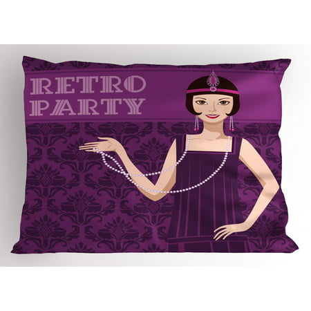 Pin up Girl Pillow Sham 20s Style Short Hair Flapper Girl with Necklace and Hair Band, Decorative Standard Size Printed Pillowcase, 26 X 20 Inches, Pale Peach Purple and Plum, by Ambesonne