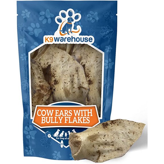K9warehouse - Premium Jumbo Cow Ears for Dogs - 7-12 Inches (5 Pack) - Dusted with Bully Sticks - Natural Dog Chews - Rawhide Alternative for Aggressive Chewers - Suitable for All Breeds & Puppies