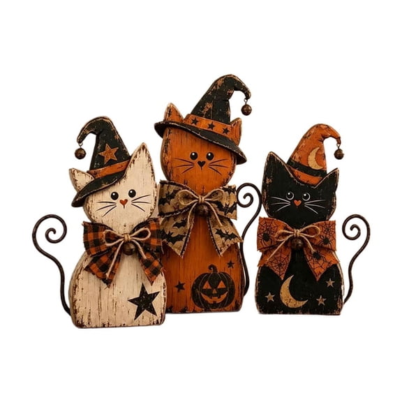 Vintage Halloween Witch Cat Decor Set, Rustic Gothic Farmhouse