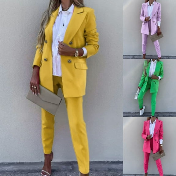 Olyvenn Trendy Suit Office Two-piece Jacket for Women Business Work Office Lightweight Lapel Collar Womens Suit Button Open Front Casual Long Sleeve Blazer Jackets Solid Slim Fit Pink 12