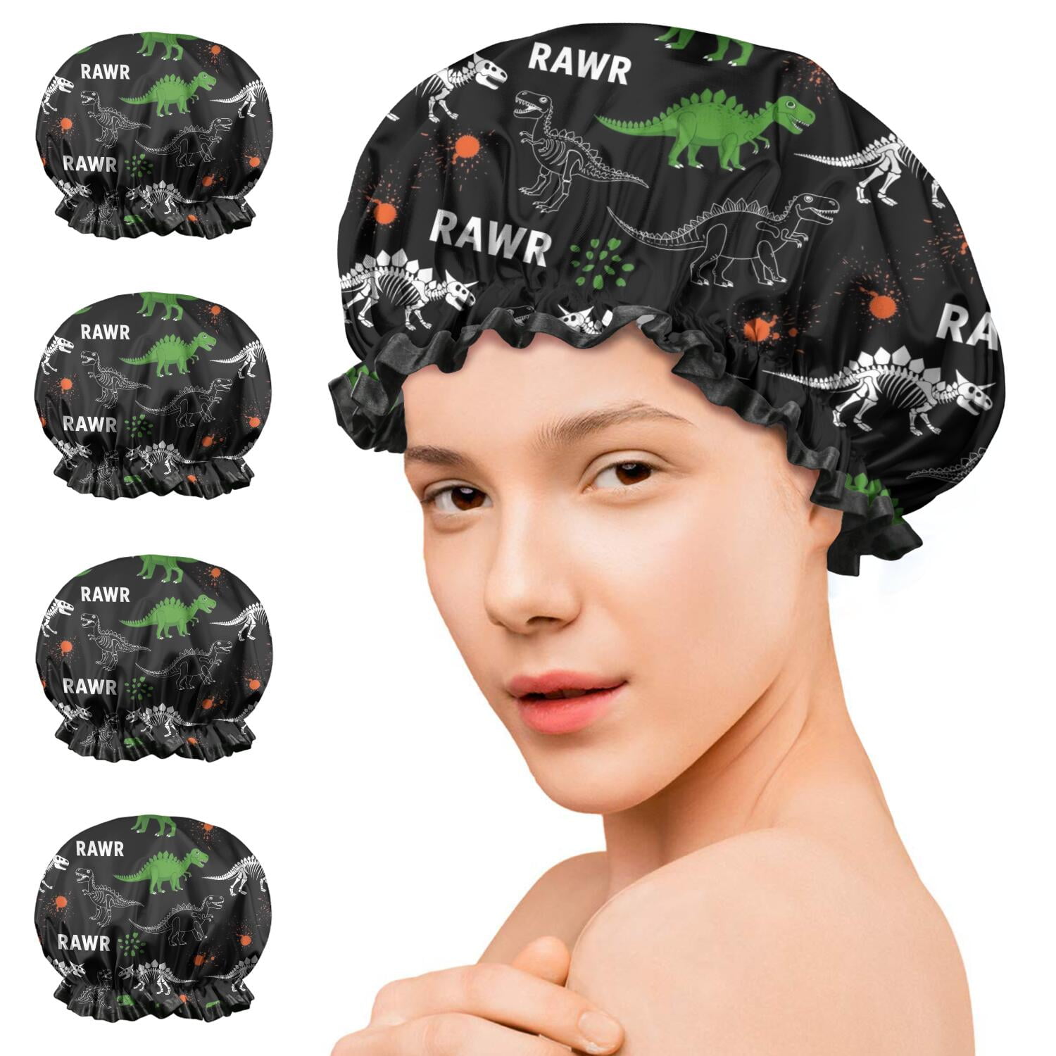 Shower Caps,Black Cartoon Dinosaurs Rawr Pattern Waterproof Shower Cap for Women 4 Pieces,Double Reusable Hair Cover for Shower PEVA Elastic Stretch Hem