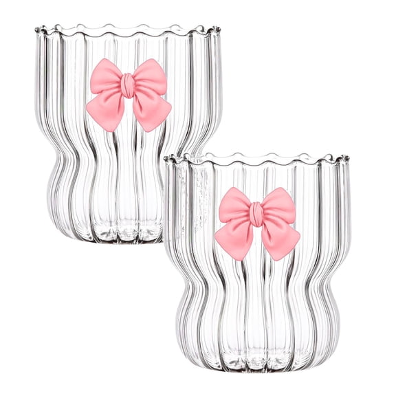 2Pack Vintage Ripple Glass Cup 12 Oz/350 Ml Butterfly Decoration Iced Coffee Cup Suitable For Juice Beverages Water Dessert Beverages Coffee Cup With Bow Glass&Bottle Home Decor