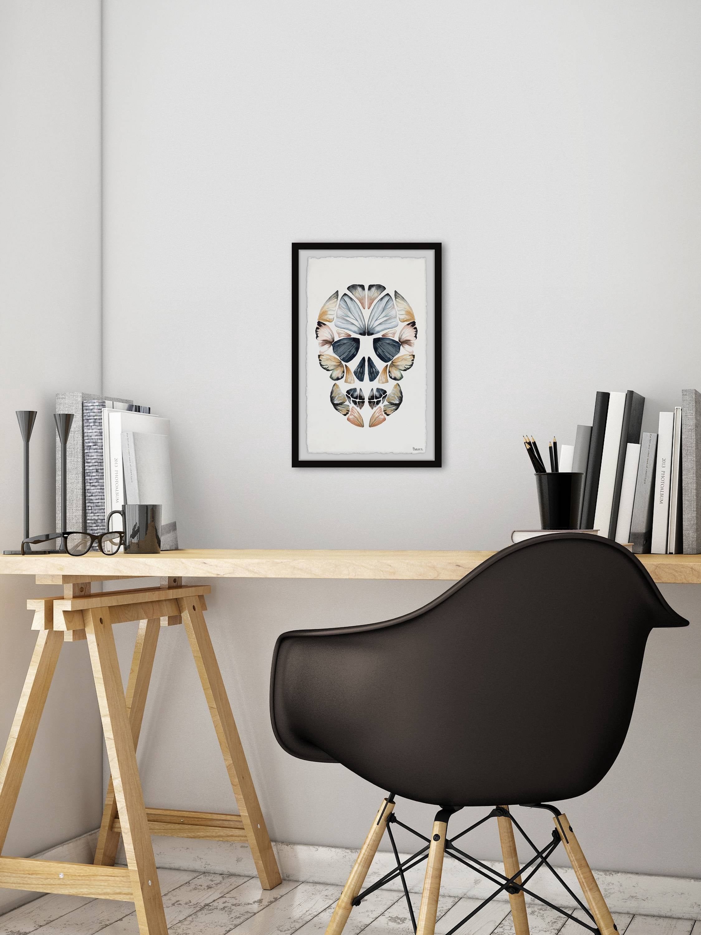 Parvez Taj "Yellow Kaleidoscope Butterfly Skull" Framed Painting Print