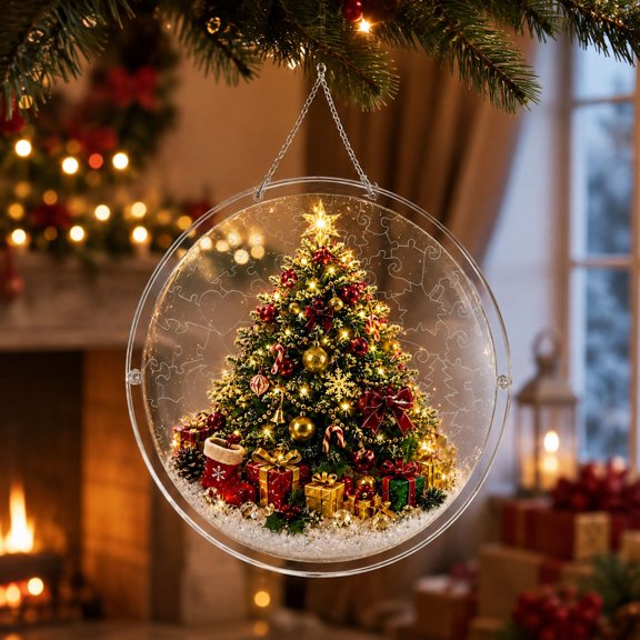 Christmas Acrylic Puzzle Suncatcher Hnaging Decorations, 7.48" Dia Round Stained Glass Style Vivid & Clear Print Colorful Light Catcher Decor for Window Xmas Tree Home Holiday Party Fireplace Gift
