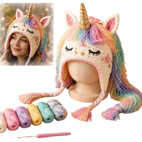 Fantasy Hood Hat Crochet Kit, DIY Animal Character Knit Set,Unicorn | for Beginners,DIY Craft Present for Adults