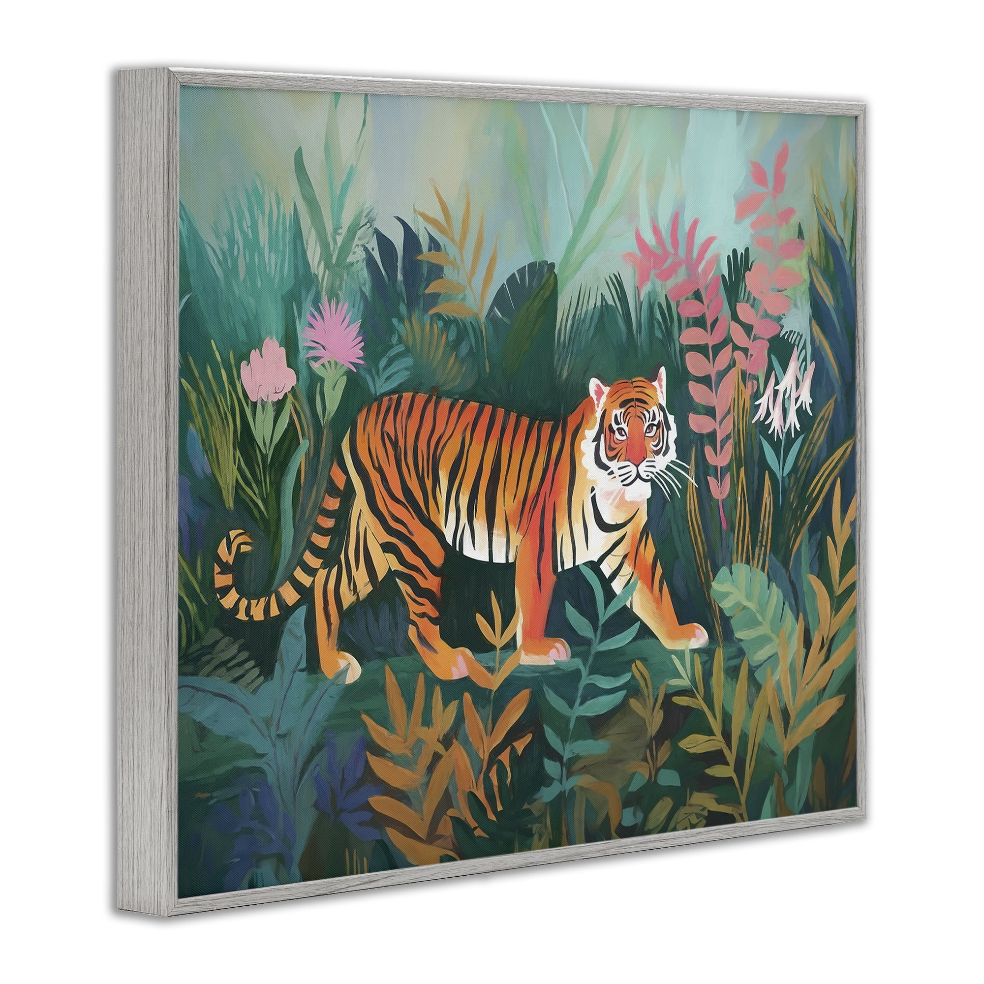Stupell Industries Tiger in Jungle Leaves Animals & Insects Painting Gray Framed Art Print Wall Art, 14 x 11