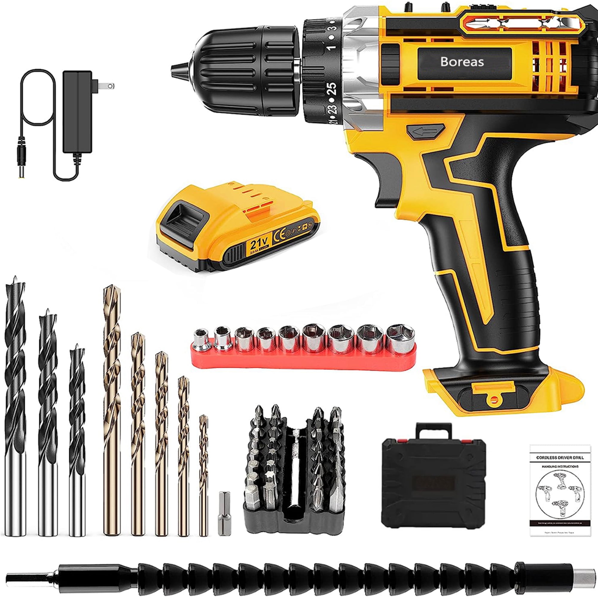 Boreas Cordless Drill Set, 12V Electric Drill Driver with 42 Acessories,  Home Power Drill Cordless with 3/8 Keyless Chuck, 2 Speed, 18+1 Position,  Built-in LED, Clutch Drill for Home DIY Projects 