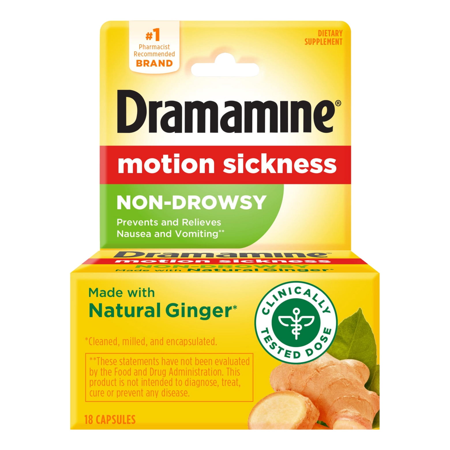 Dramamine Motion Sickness Relief, Non-Drowsy Naturals With Ginger, 18 Count  - Walmart.com