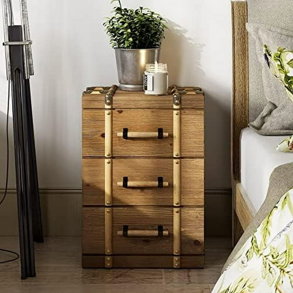 Vintage Mid  Nightstand with 3-Drawer, Distressed Solid Wood End Table Side Table for Living Room, Bedroom, Fully Assembled, Retro Brown