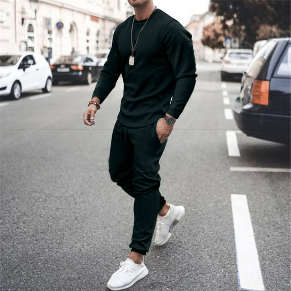 AOOCHASLIY Men Suit Casual Solid Fashion Round Neck Pullover Sports Suit Trend Multicolor Two-Piece Tracksuit