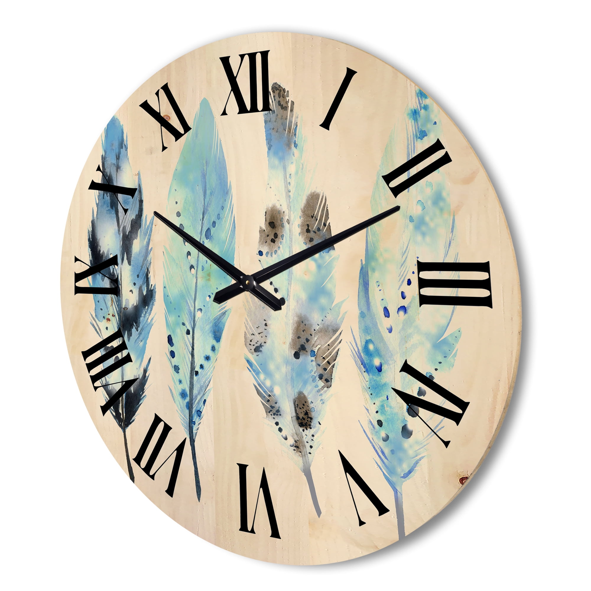 Designart 'Abstract Blue Boho Feathers I' Bohemian & Eclectic Wood Wall Clock