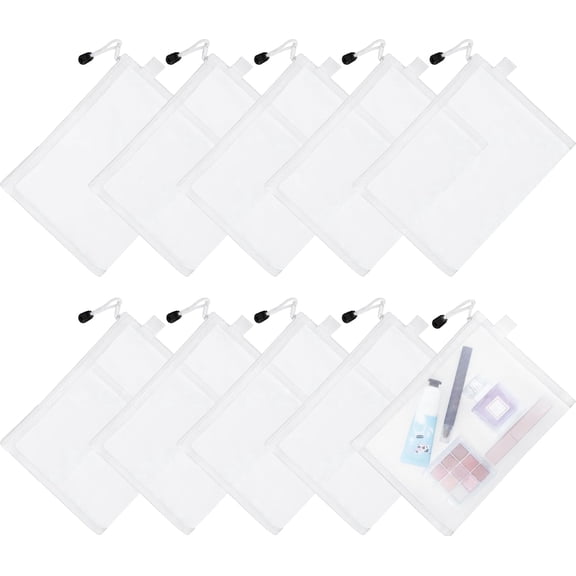 10 PCS Mesh Zipper Pouch Bags, Nylon Zipper Pouch, Makeup Bag, Nylon Mesh Cosmetic Bags, Multipurpose Travel Bag for Travel School Office Supplies (White, A5)
