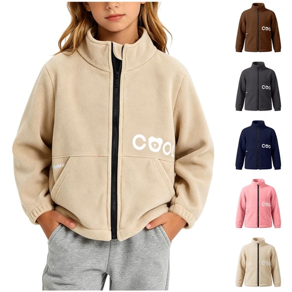 Boys Girls Fall Winter Solid Stand Collar Full Zip Fleece Jacket With Side Pockets, Soft Casual Coat,Navy