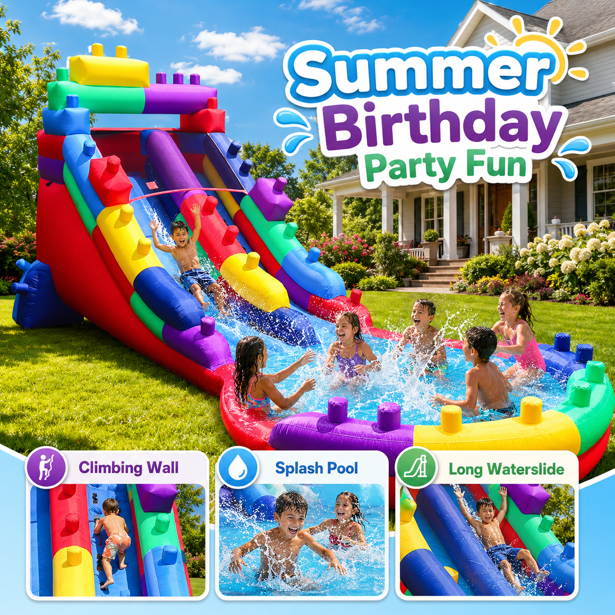 22.5FT Block Party Inflatable Water Slide with Splash Pool , Outdoor Backyard Playset For Kids Birthday Party Summer Outdoor Fun(with Blower)