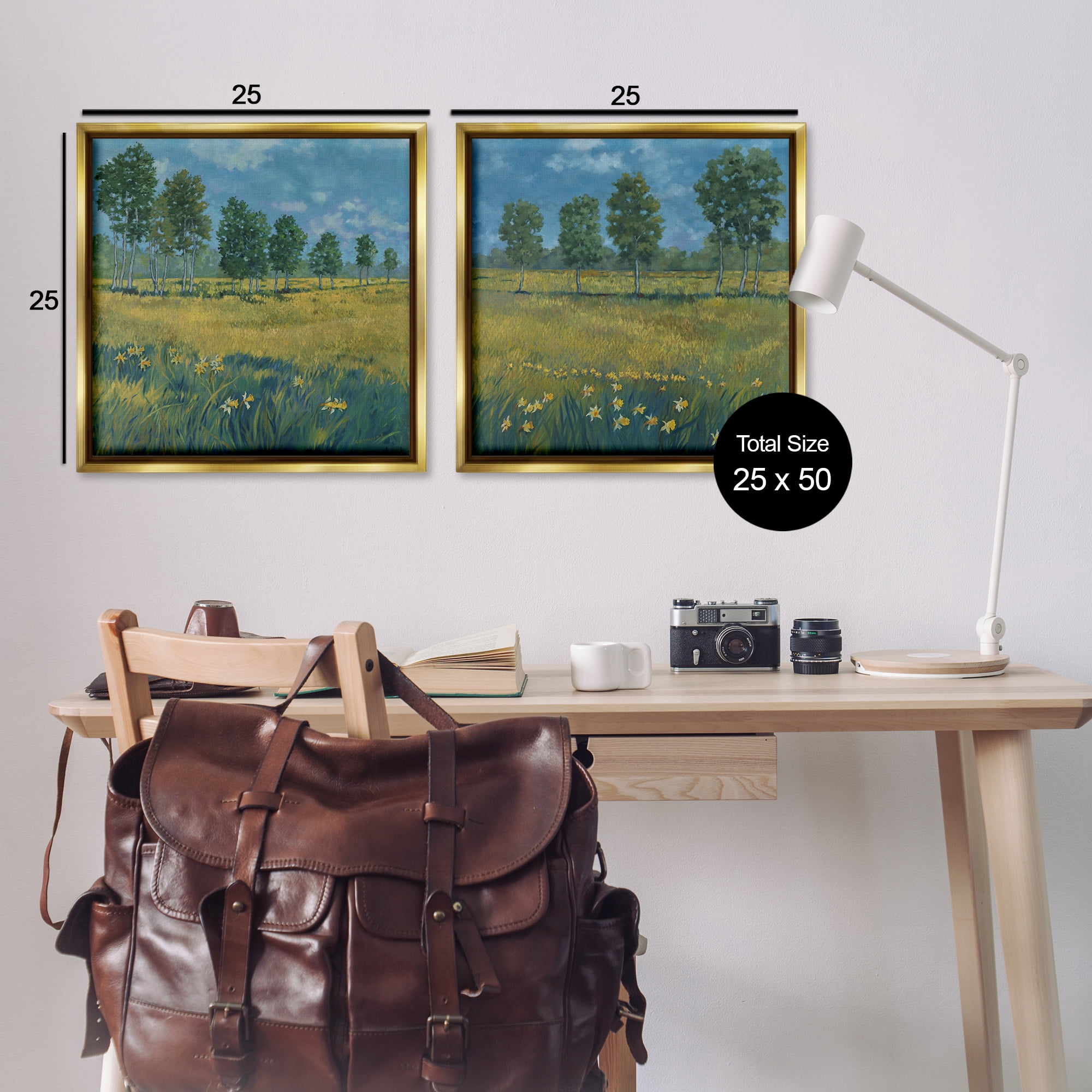 Stupell Industries Daffodil Tree Lined Field Landscape & Nature Painting Gold Floater Framed Canvas Art Print Wall Art, 25 x 25, Set of 2