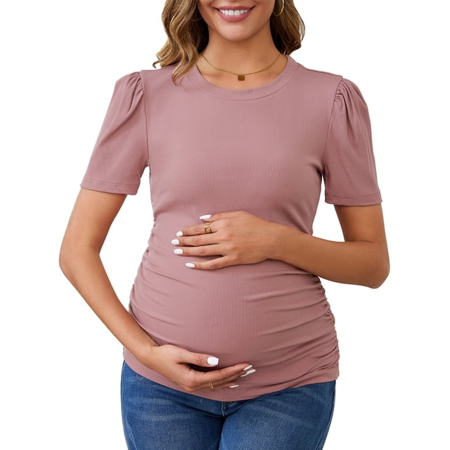 Blusa de maternidad de mujer INSPIRE CHIC, de punto acanalado, con mangas cortas abullonadas, camiseta arrugada para fotos de baby shower, pequeña, color rosa