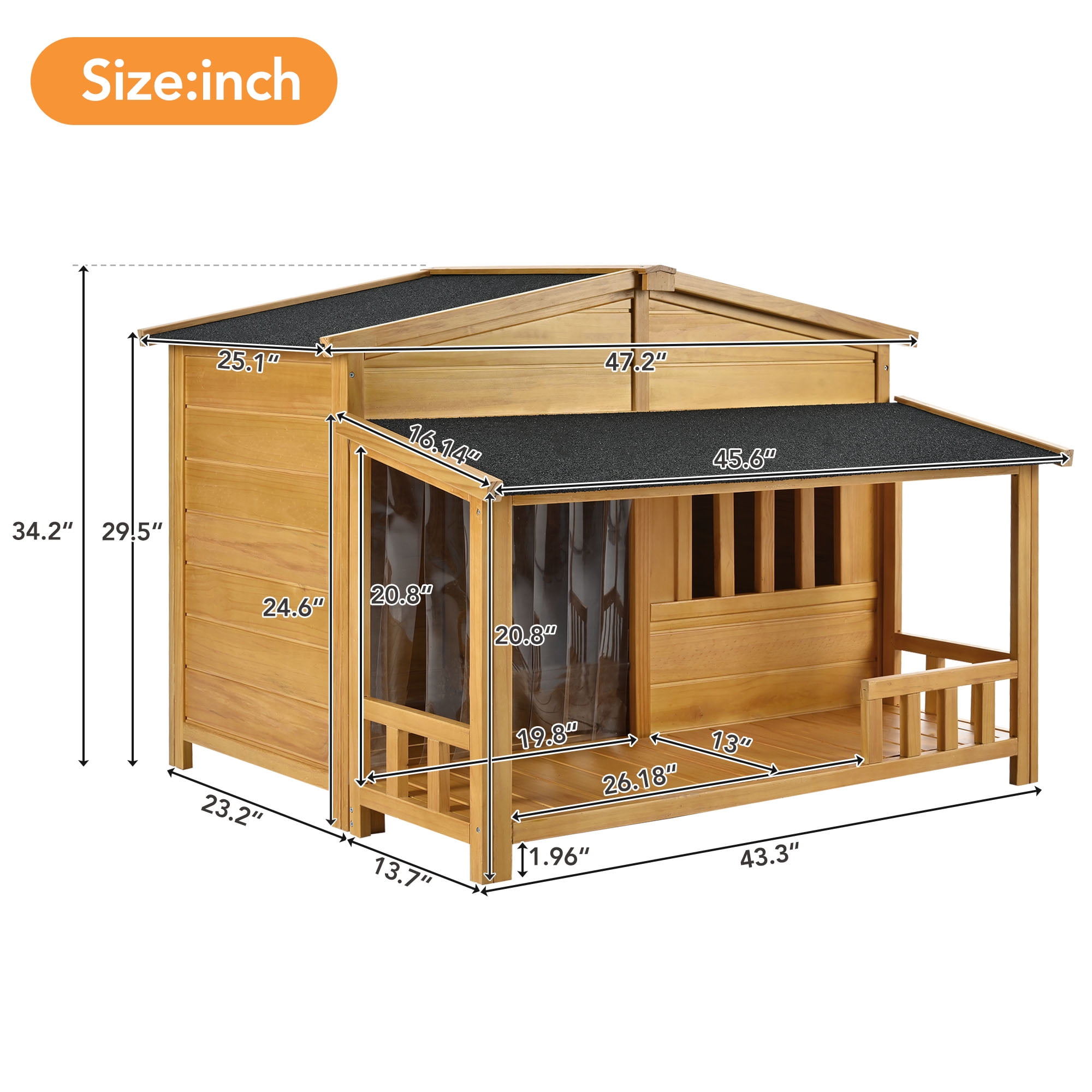 Pefilos 47.2" Outdoor Wood Dog House, Weatherproof Dog Shelter for Medium Dogs, Indoor Pet Kennel with Porch and Detachable Curtain, Beige Pefilos 47.2" Outdoor Wood Dog House, Weatherproof Dog Shelter for Medium Dogs, Indoor Pet Kennel with Porch and Detachable Curtain, Beige