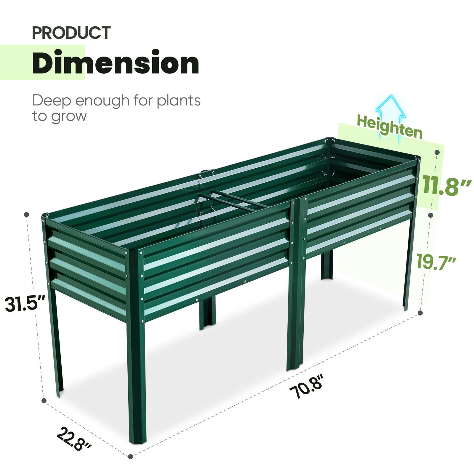 KING BIRD Raised Garden Bed with Legs Galvanized Large Elevated Planter Box for Backyard, Patio, Balcony, 600lb Capacity, Green 70.9x22.8x31.5 in