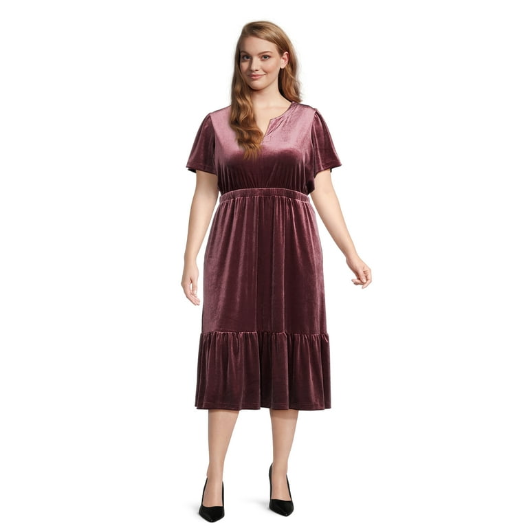 Terra and Sky Women s Plus Size Flutter Sleeve Y Neck Velvet Dress