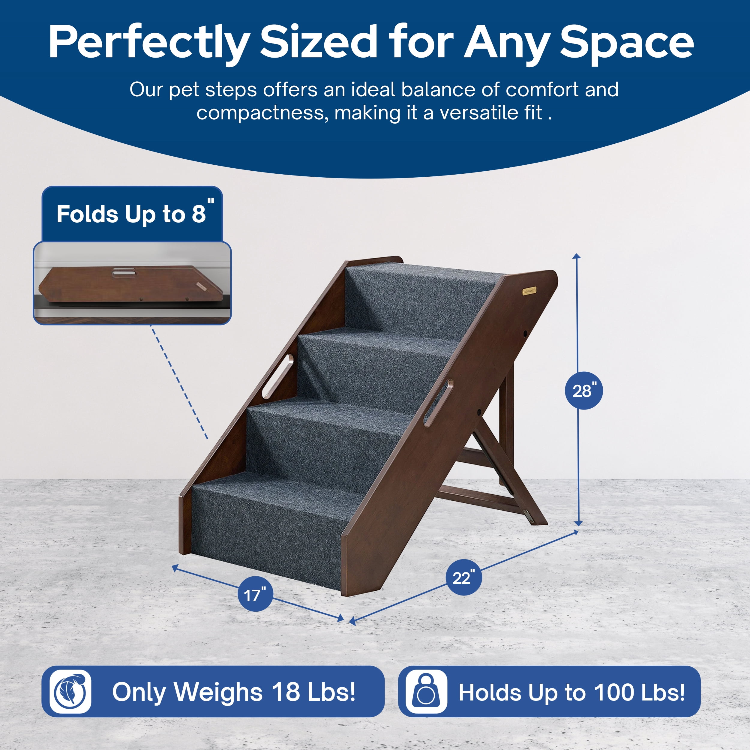 MECO Stakmore Foldable Pet Steps with Solid Hardwood Construction, Espresso w/Gray Felt